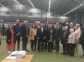 Gary Middleton at the count centre with DUP leader Sir Jeffrey Donaldson and supporters