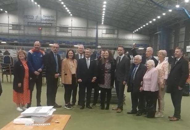 Gary Middleton at the count centre with DUP leader Sir Jeffrey Donaldson and supporters