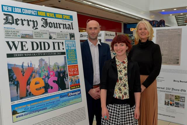 Brendan McDaid, Derry Journal Editor, Aine McCarron, The Playhouse and Anna Doherty, Interim Chief Executive of the Londonderry Chamber, pictured at the Derry Journal 250th Anniversary Exhibition in Foyleside Shopping Centre yesterday evening. Photograph: George Sweeney.  DER2223GS – 066