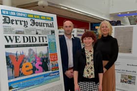 Brendan McDaid, Derry Journal Editor, Aine McCarron, The Playhouse and Anna Doherty, Interim Chief Executive of the Londonderry Chamber, pictured at the Derry Journal 250th Anniversary Exhibition in Foyleside Shopping Centre yesterday evening. Photograph: George Sweeney.  DER2223GS – 066