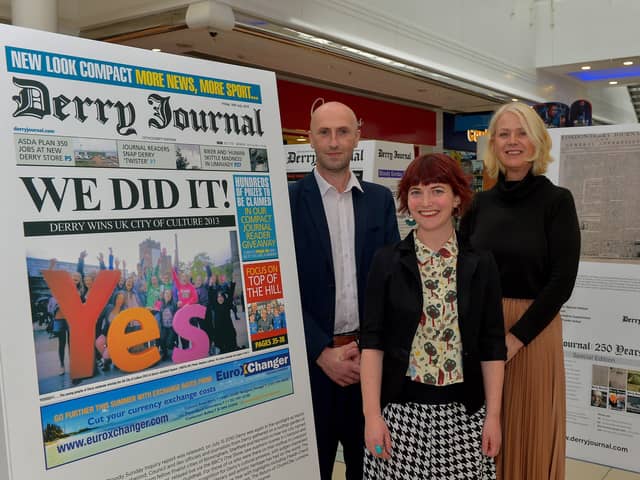 Brendan McDaid, Derry Journal Editor, Aine McCarron, The Playhouse and Anna Doherty, Interim Chief Executive of the Londonderry Chamber, pictured at the Derry Journal 250th Anniversary Exhibition in Foyleside Shopping Centre yesterday evening. Photograph: George Sweeney.  DER2223GS – 066