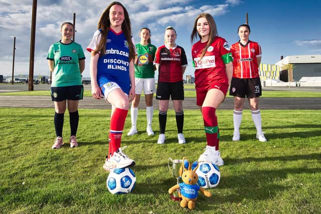 Pictured from left to right are Zahara Lecky (Sion Swifts Ladies), Maureen Quinn (Linfield Ladies), Rebecca Magee (Glentoran Women), Leah Wilagus (Crusaders Strikers), Chelsea Irvine (Cliftonville Ladies) and Ellie Carlin (Derry City Women)