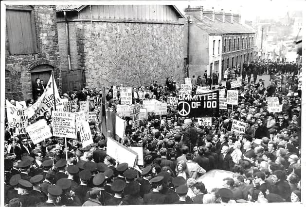 October 5, 1968... A civil rights protest at Duke Street in Derry’s Waterside is often cited as the start of the ‘Troubles’. The RUC blocked the intended route of the march and baton-charged the crowd. TV cameras were there and the images were shown around the world. Photo: Michael McLoughlin.