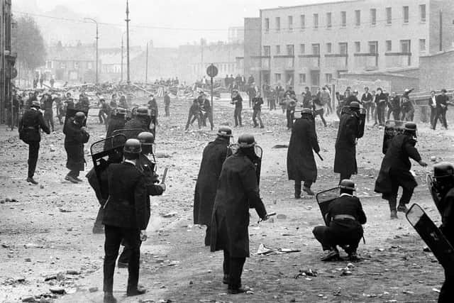 The Battle of the Bogside was a three-day riot that took place between August 12-14, 1969. Thousands of people, organised under the Derry Citizens’ Defence Association, clashed with the RUC and loyalists. It sparked widespread violence elsewhere in NI and led to the deployment of British troops.