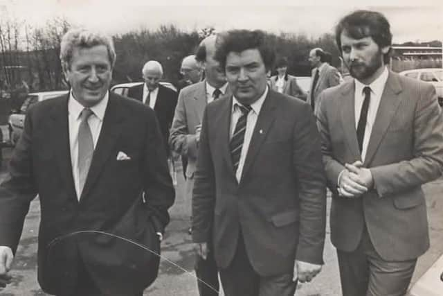 Taoiseach Garret Fitzgerald, John Hume visiting the Journal prior to signing of Anglo Irish Agreement 1985.