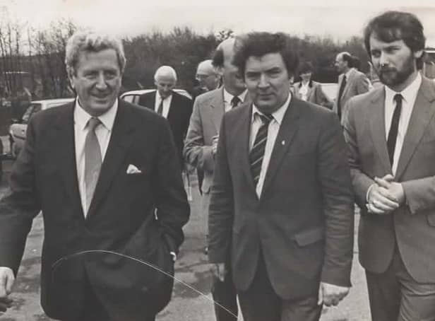 Taoiseach Garret Fitzgerald, John Hume visiting the Journal prior to signing of Anglo Irish Agreement 1985.