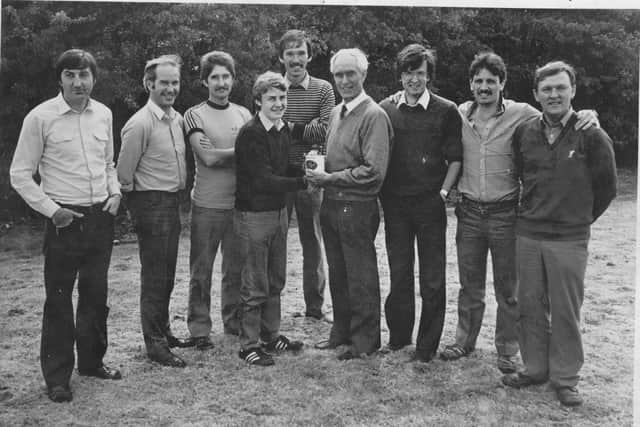 From left Mr. and Mrs. Gerry Gallagher's captain's prize. late 1970s. From left, John McManus, the late Billy McLaughlin, Eamonn Davis, - Gerry Gallagher presenting prize to Dessie McCallion, the winner, Brian McCarroll, Cecil McGill, Arthur Duffy and Newell McBride.