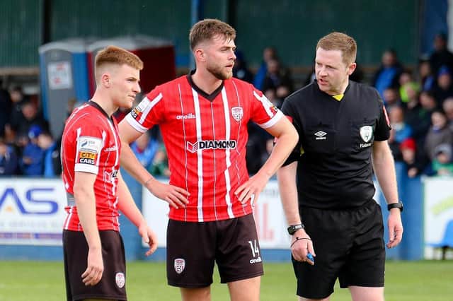 Will Patching lines up his winning free-kick against Finn Harps in Ballybofey earlier this season.