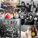 Clockwise from top left: Grianan of Aileach, Waterloo Street during the the All-Ireland Fleadh in 2013, The Undertones, Dana returns after winning the Eurovision Song Contest for Ireland, Derry Girls stars Saoirse Monica Jackson and Jamie-Lee O'Donnell, and Eddie McAteer MP addressing a crowd in Little Diamond in 1961.