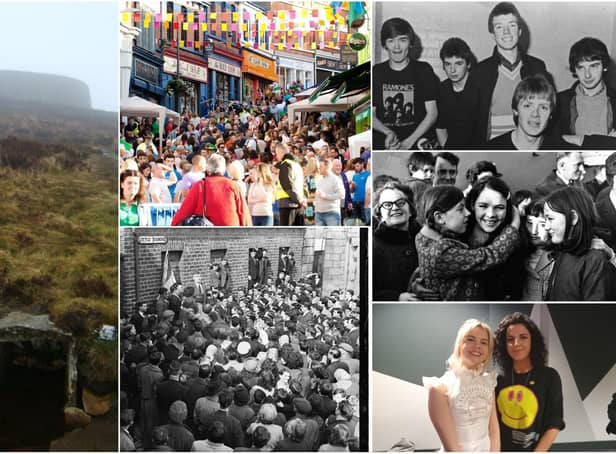 Clockwise from top left: Grianan of Aileach, Waterloo Street during the the All-Ireland Fleadh in 2013, The Undertones, Dana returns after winning the Eurovision Song Contest for Ireland, Derry Girls stars Saoirse Monica Jackson and Jamie-Lee O'Donnell, and Eddie McAteer MP addressing a crowd in Little Diamond in 1961.