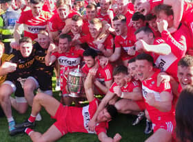 Derry players celebrate in Clones after defeating Donegal to become Ulster senior football champions