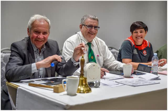 Co. Donegal Boxing Board President, Peter O'Donnell, Co. Derry Boxing Board President Eugene Duffy and Cecilia Quinn medical registrar. Photographs by Peter McKane.