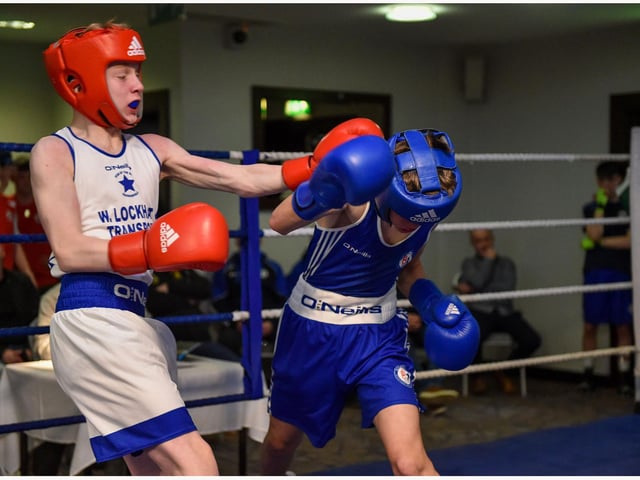 Jack Doherty, Star of the Sea lands a left hand on Jack Doherty of Coleraine in this Boy 3 50kg contest at the Maldron.