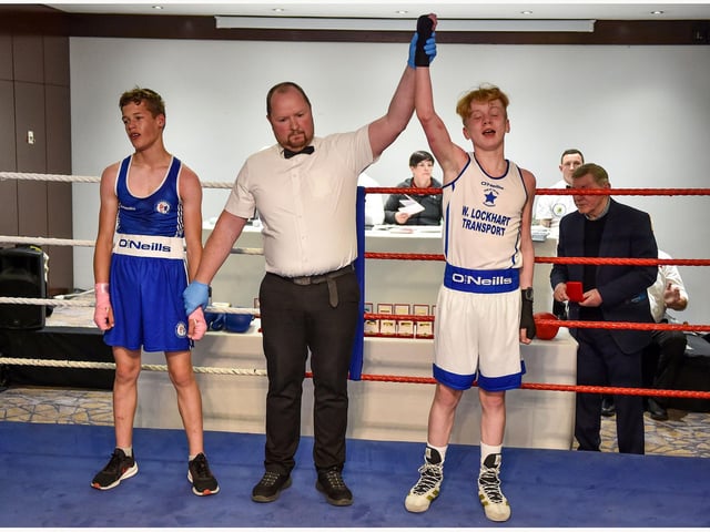 Jack Doherty, Star of the Sea takes the decision overJack Doherty of Coleraine in this Boy 3  50kg contest.