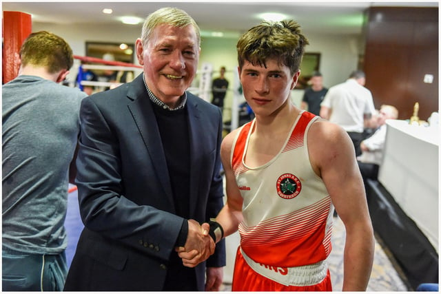 Liam Gerard Casey of  St John's Swatragh, is congratulated by former EBU World champion Charlie Nash after his 2-1 points win over Matthew Templeton, Coleraine.