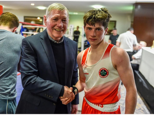 Liam Gerard Casey of  St John's Swatragh, is congratulated by former EBU World champion Charlie Nash after his 2-1 points win over Matthew Templeton, Coleraine.