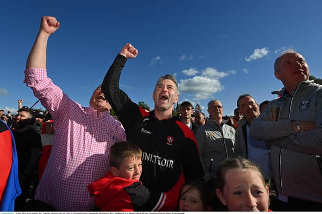 Derry manager Rory Gallagher and County Chairman John Keenan celebrate in Clones on Sunday after the Ulster Championship win. (Photo: Ramsey Cardy/Sportsfile)
