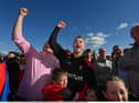 Derry manager Rory Gallagher and County Chairman John Keenan celebrate in Clones on Sunday after the Ulster Championship win. (Photo: Ramsey Cardy/Sportsfile)
