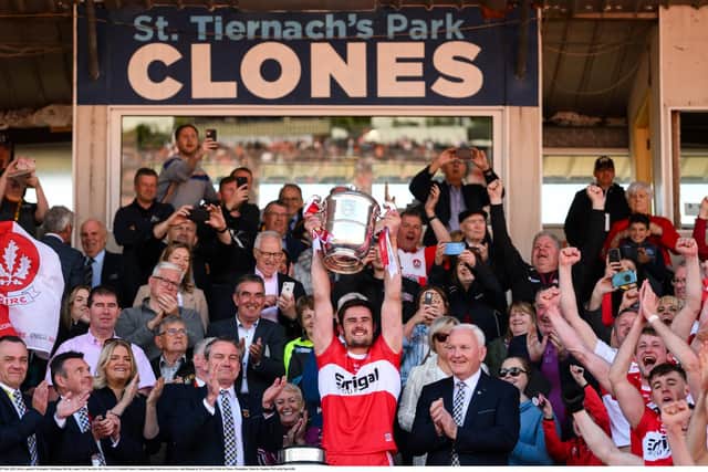 Derry captain Christopher McKaigue raises the Anglo Celt Cup after the Ulster GAA Football Senior Championship Final in Clones, Monaghan. (Photo by Stephen McCarthy/Sportsfile)