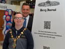 Michael O’Donoghue pictured with Mayor Graham Warke at the Derry Journal 250th Anniversary Exhibition in Foyleside Shopping Centre yesterday evening. Photograph: George Sweeney.  DER2223GS – 065