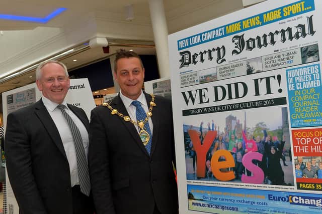 Paul McLean, managing director, Bet McLean and Mayor Graham Warke pictured at the recent  launch of the Derry Journal People of the Year Awards 2022 at the Journal 250th Anniversary Exhibition in Foyleside Shopping Centre. Photograph: George Sweeney. DER2223GS – 071