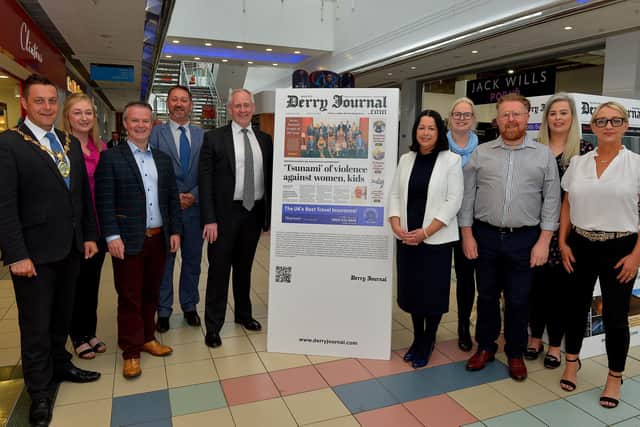 Mayor Graham Warke, Louise Strain, Derry Journal, Professor Malachi O’Neill, Ulster University, Steve Frazer, manager, City of Derry Airport, Paul McLean, managing director, Bet McLean, Dona Matheson, APEX,  ?? Alchemy, ?? Specsavers, Gaberiell Skelton, Alchemy and  Jacqui Diamond, Derry Journal pictured at the recent launch of the Derry Journal People of the Year Awards 2022 at the Journal 250th Anniversary Exhibition in Foyleside Shopping Centre. Photograph: George Sweeney. DER2223GS – 075