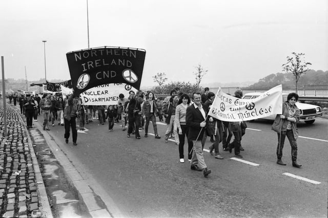 Anti-nuclear demonstrators make their way along the Foyle Embankment in May 1982.