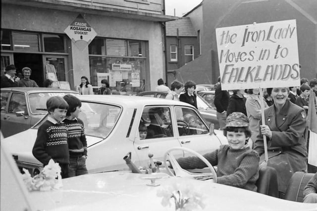 A topical float referencing the war in the South Atlantic makes its way through Carndonagh during the 1982 Easter parade.