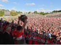 Derry captain Christopher McKaigue raises the Anglo Celt Cup after his side's victory over Donegal in the Ulster GAA Football Senior Championship Final in Clones. (Photo by Ramsey Cardy/Sportsfile)