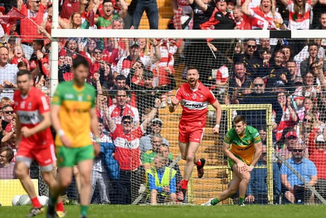 Niall Loughlin celebrates after scoring Derry's goal during  in Clones on Sunday. (Photo by Stephen McCarthy/Sportsfile)