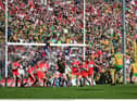 Derry players combine to prevent a late free from Donegal's Michael Murphy during the final minute of Sunday's Ulster Final in Clones. (Photo by Stephen McCarthy/Sportsfile)