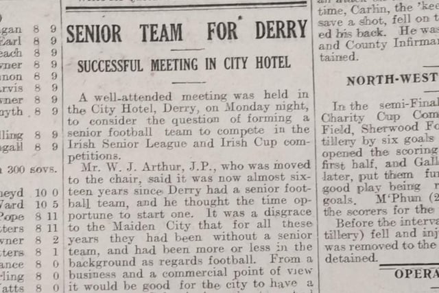 The Journal reported that a meeting to form a senior football team to compete in the Irish Senior League took place in the City Hotel on May 1928.