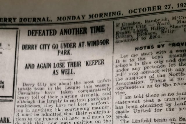 Derry City lose out to Linfield at Windsor Park but the game was noted for the debut of City legend Jimmy Kelly in October 1931.