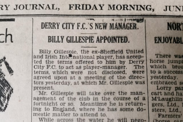 Sheffield United great Billy Gillespie is appointed player manager for Derry City. Gillespie brought with him the red and white candy stripes, the colours still worn by the team.