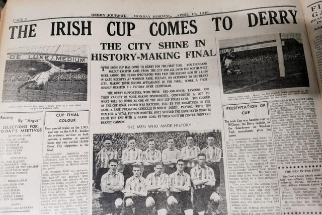 Derry City win the Irish Cup for the first time in 1949 with a 3-1 victory over Glentoran.
