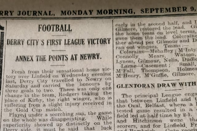 Derry City earned its first league victory against Newry in September 9th, 1929