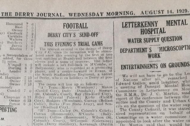 The Derry City team get ready for their first season in senior football with the first of two trial matches in August 1929.