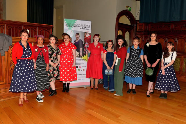 Elaine Duffy, proprietor of Vintage Star clothing, fifth from the right, pictured with students from the North West Regional College who modelled her range of vintage clothing at the Amelia Earhart Vintage Fashion Show, in the Guildhall on Saturday afternoon last. Photo: George Sweeney.  DER2220GS – 075