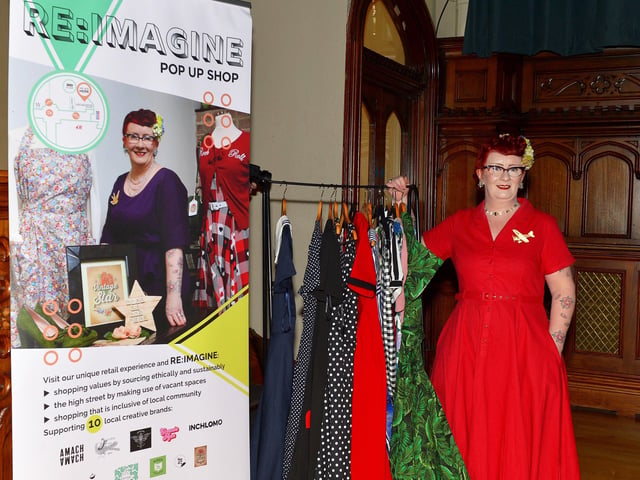 Elaine Duffy, proprietor of Vintage Star clothing who provided a range of vintage clothing for the Amelia Earhart Vintage Fashion Show, in the Guildhall on Saturday afternoon last. Photo: George Sweeney. DER2220GS – 076