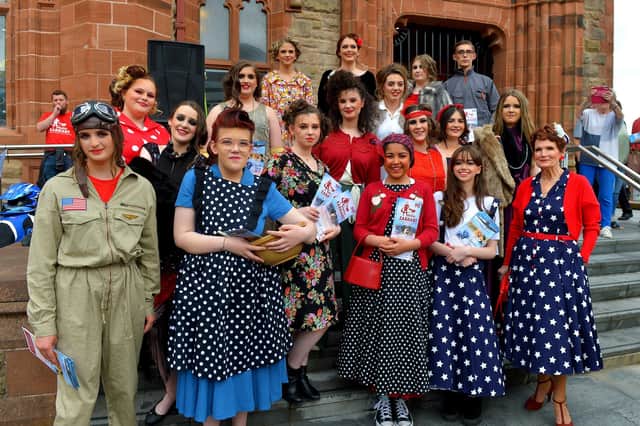 North West Regional College students, from the Hair and Beauty Department who took part in the Amelia Earhart Vintage Fashion Show, in the Guildhall on Saturday afternoon last, showcasing fashion from the 1920 and 1930s. Photo: George Sweeney.  DER2220GS – 077