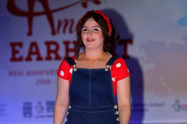 A student from the North West Regional College on the catwalk modelling retro clothing, from the 1920s and 1930s, at the Amelia Earhart Vintage Fashion Show, held in the Guildhall on Saturday afternoon last. Photo: George Sweeney.  DER2220GS – 080