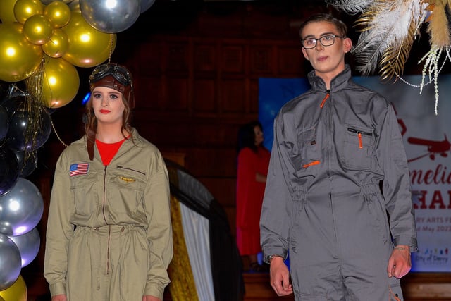 North West Regional College students model aviation style clothing, from the 1920s and 1930s, at for the Amelia Earhart Vintage Fashion Show held in the Guildhall on Saturday afternoon last. Photo: George Sweeney.  DER2220GS – 081