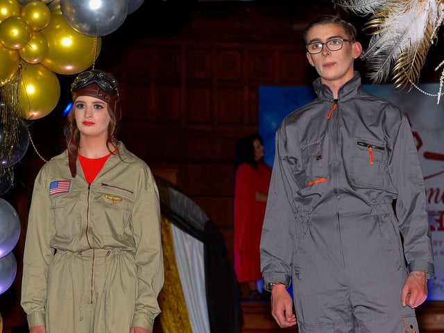 North West Regional College students model aviation style clothing, from the 1920s and 1930s, at for the Amelia Earhart Vintage Fashion Show held in the Guildhall on Saturday afternoon last. Photo: George Sweeney. DER2220GS – 081