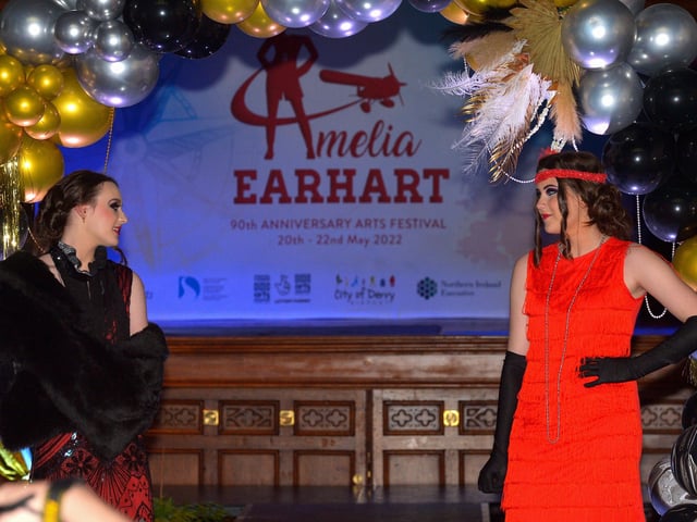 North West Regional College students retro clothing, from the 1920s and 1930s, at for the Amelia Earhart Vintage Fashion Show held in the Guildhall on Saturday afternoon last. Photo: George Sweeney. DER2220GS – 082