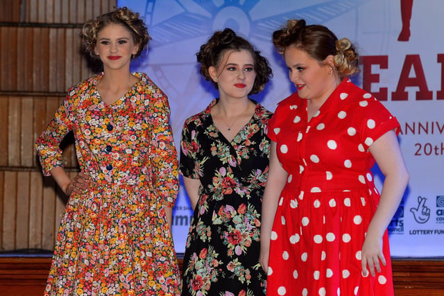 Students from the North West Regional College on the catwalk modelling clothing from the 1920s and 1930s at the Amelia Earhart Vintage Fashion Show, held in the Guildhall on Saturday afternoon last. Photo: George Sweeney.  DER2220GS – 083