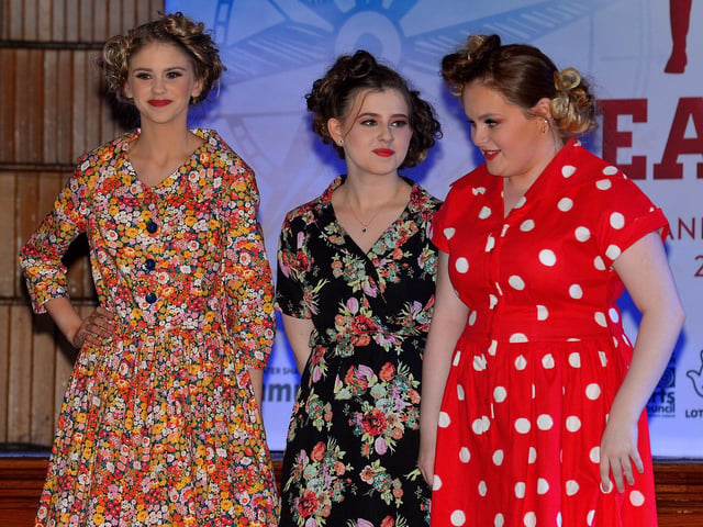 Students from the North West Regional College on the catwalk modelling clothing from the 1920s and 1930s at the Amelia Earhart Vintage Fashion Show, held in the Guildhall on Saturday afternoon last. Photo: George Sweeney. DER2220GS – 083