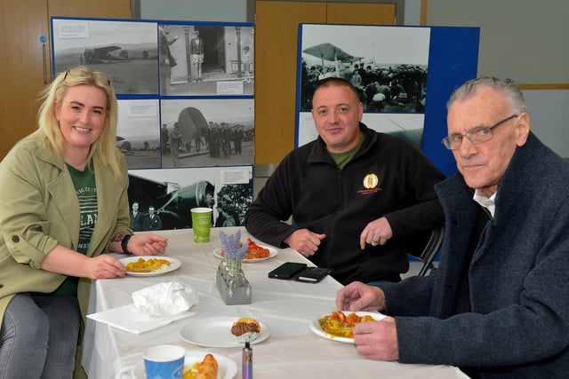 Shauna Monaghan, Mickey Anderson and Noel Monaghan were at the Galliagh Neighbourhood Lunch held in the new Galliagh Community Centre on Friday afternoon last. Photo: George Sweeney.  DER2220GS – 071