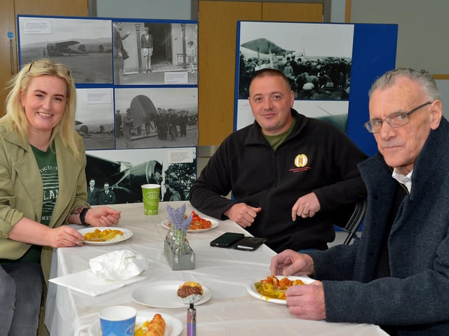 Shauna Monaghan, Mickey Anderson and Noel Monaghan were at the Galliagh Neighbourhood Lunch held in the new Galliagh Community Centre on Friday afternoon last. Photo: George Sweeney. DER2220GS – 071