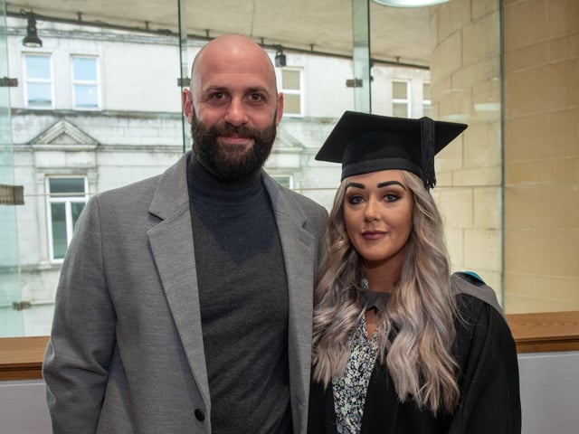 Naomi Wilson who graduated with an Access Diploma in Combined Studies at North West Regional Collegeâ€TMs Graduation Ceremony pictured with partner Carl Phillips.