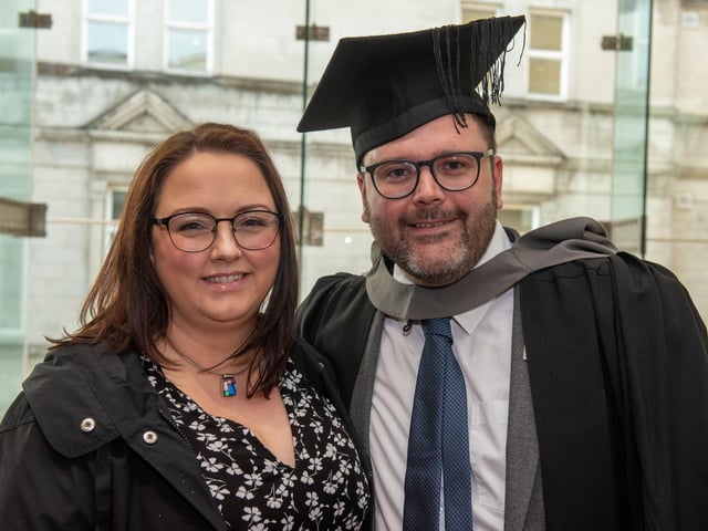 Ciaran Lockhart who graduated with an NCTJ Diploma in Journalism at North West Regional Collegeâ€TMs Graduation Ceremony pictured with his wife Kate.